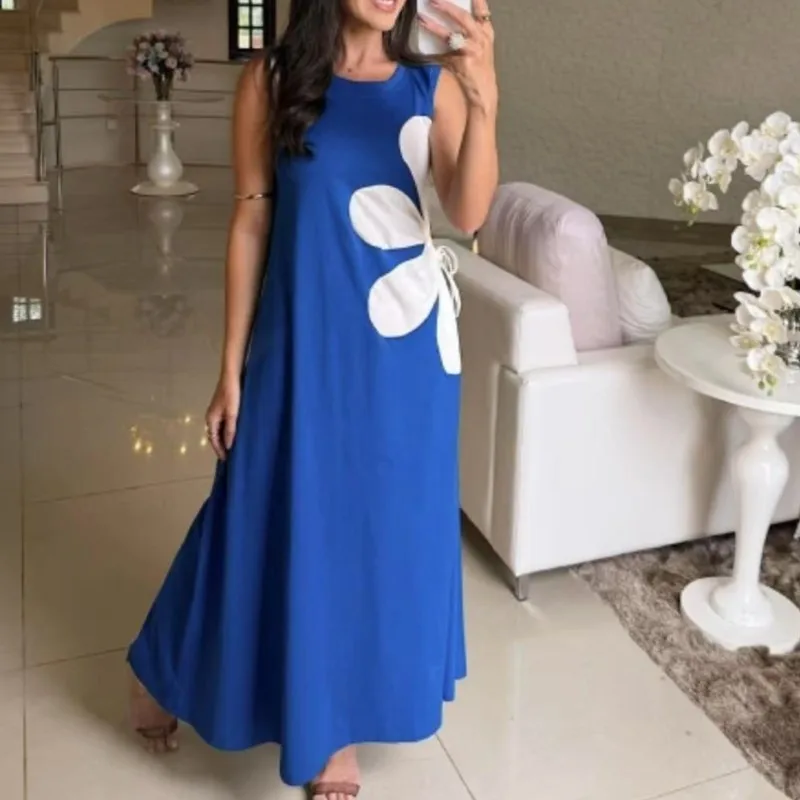 홀리데이 패션 프린트 스플라이스 ​ ​ 여성 캐주얼 라운드넥 민소매 심플 시크 원피스 2025 봄 여름 신상