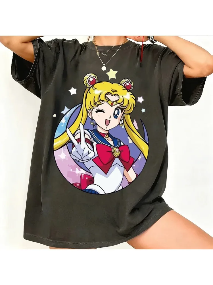 Sailor Moon Retro 90er Anime Grafik T-Shirt Sommer Baumwolle Herren Damen Tee Streetwear Trend Kurzarm Paar Hip Hop Top Kinder