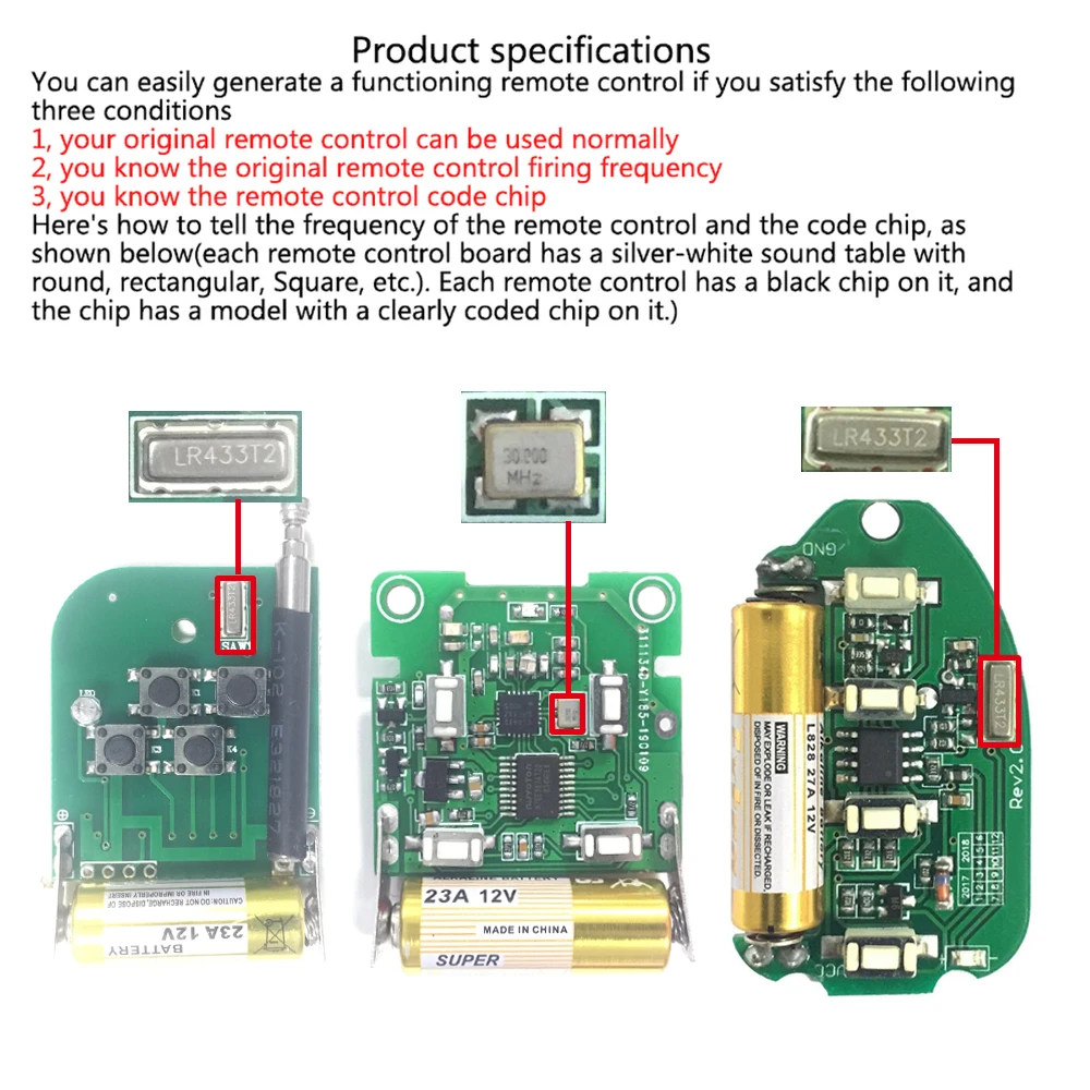 433Mhz RF Wireless Remote Control 1 2 3 buttons 1527 Learning Code Transmitter for Garage door controller With 12V 27A Battery