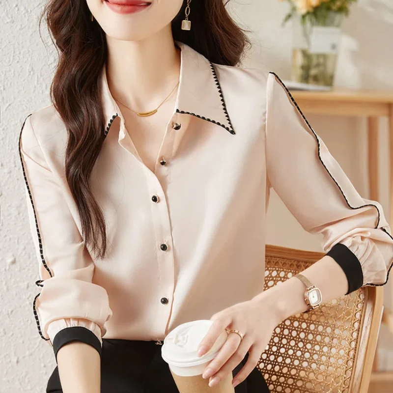 Spring Autumn New Fashion Elegance Solid Shirts Women's Clothing Peter Pan Collar Long Sleeve Simplicit Cardigan Korean Blouses