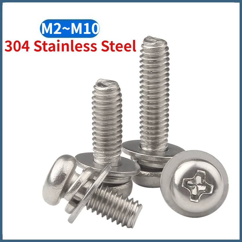 Beicai 304 A2 Stainless Steel Pozi Pan Machine Screws With Flat / Spring Washer Combination Set M2 M2.5 M3 M4 M5 M6 M8 M10