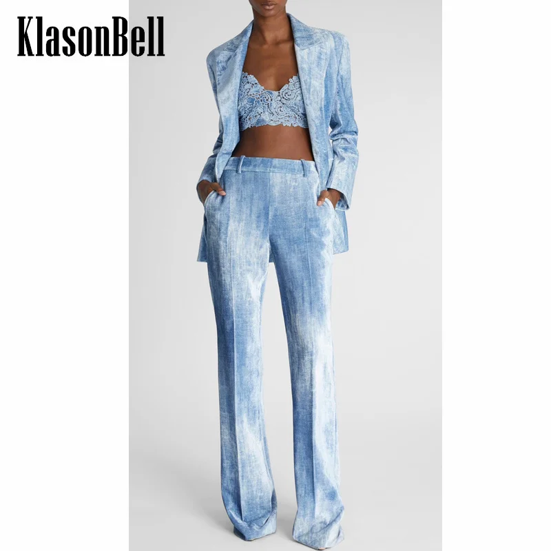 8.17 KlasonBell Women\'s Fashion Elegant Tie-dye Print Long Sleeve Blazer Or Spaghetti Strap Tank Top Or Flare Pants Velvet Set