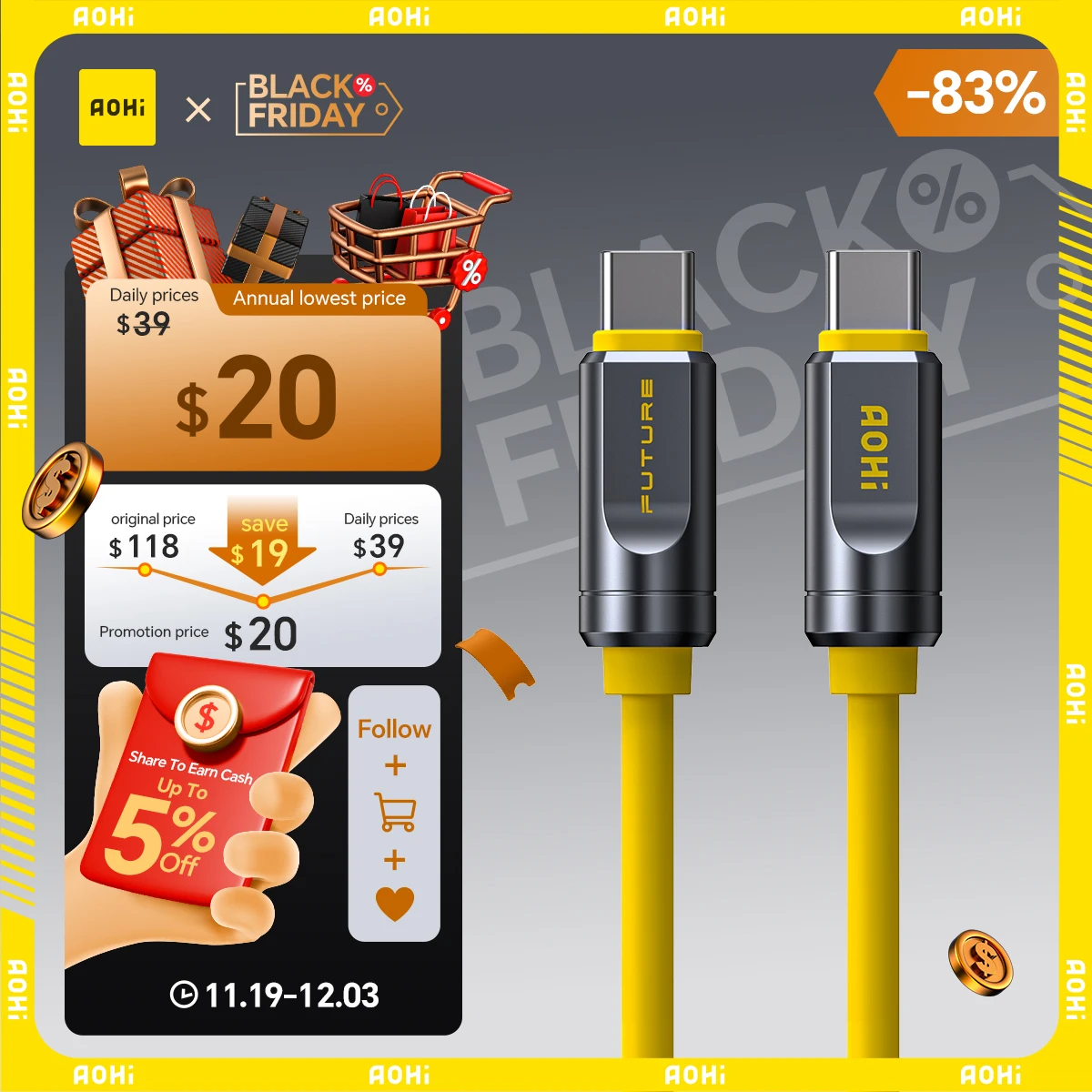 

AOHI THE FUTURE Adonis USB4 2.0 Type C Cable 240W Fast Charging 3.3FT/6.6ft (120Gbps/ 8K/ PD3.1) For MacBook iPad RU In Stock