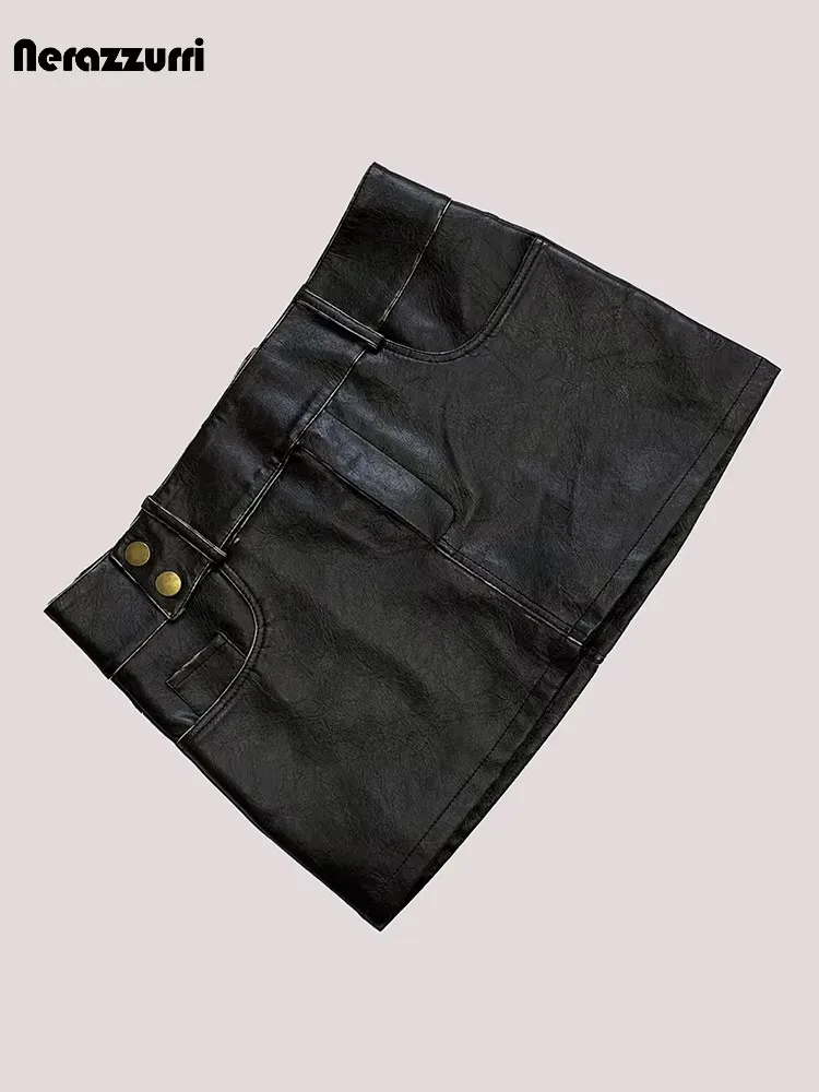 

Mauroicardi Spring Summer Retro Distressed Brown Pu Leather Mini Skirt Women Low Waist Retro Short Luxury Designer Clothes 2025