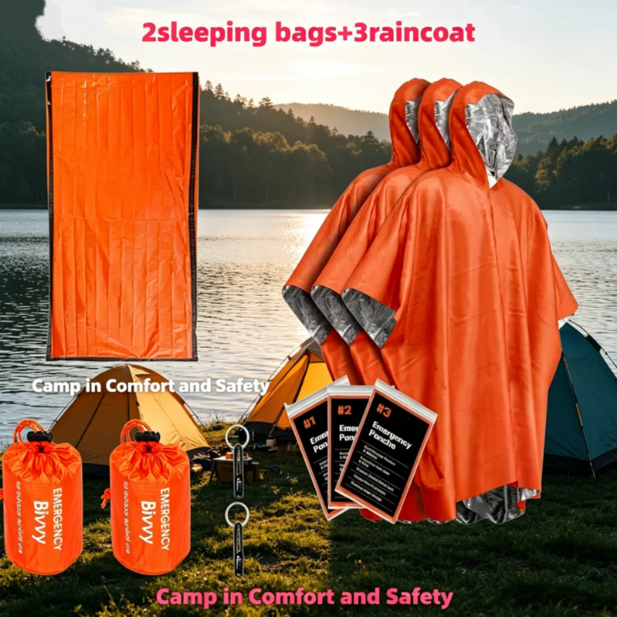 

Набор для выживания на природе из 5 предметов - 2 термоспальные мешки + 3 водонепроницаемых дождевика, легкое снаряжение для походов