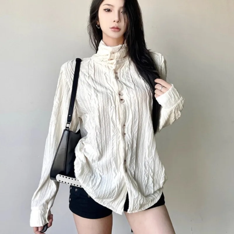 High Collar Pleated Single-breasted Loose Long Sleeve Shirt Women 2025 Autumn New High Street Fashion All-match Solid Color Tops