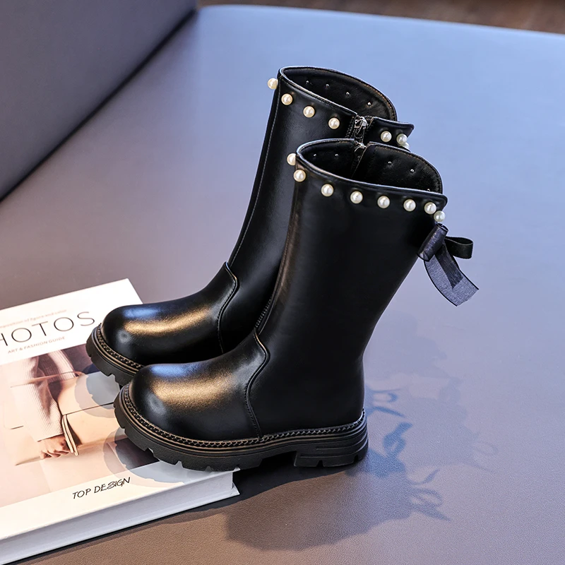 

Классические элегантные зимние сапоги до середины икры для девочек, черные детские высокие сапоги с милым бантом, нескользящие детские плюшевые сапоги принцессы на платформе