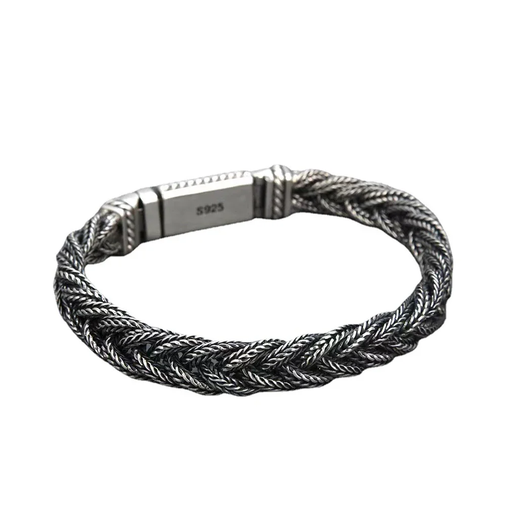 S925 Sterling Silver Hand made Fox Chain Woven Twists Bracelet Men's Vintage Punk Rock Hip Hop Bracelet Gift