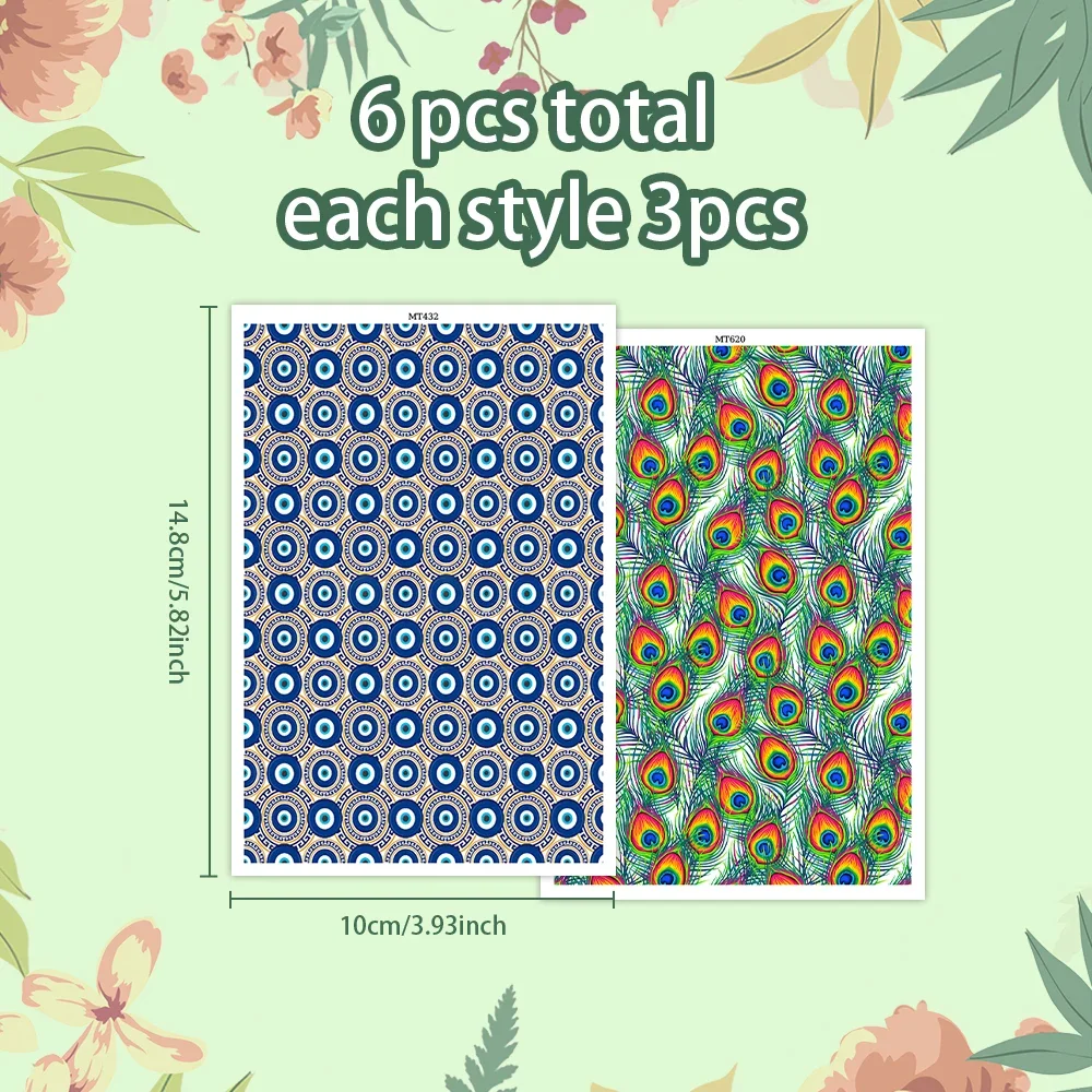 6pcs/set Peacock Feather Vintage Dot Repetition Painted Pattern Polymer Clay Watercolor Transfer Paper Pottery Earrings Sticker