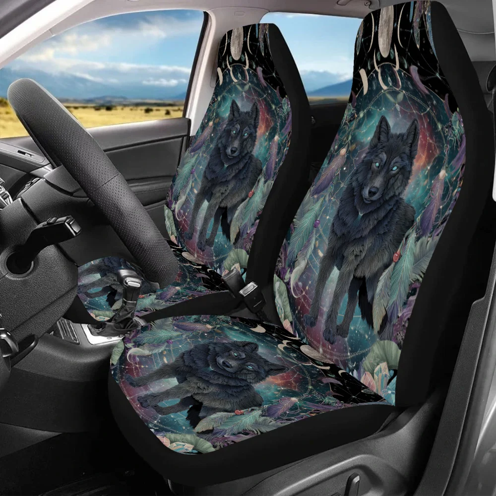 2pcs Lunar Wolf Dreaming Car Seat Covers - Vibrant Wolf & Cosmic Print, Fit For Cars, SUVs, Sedans - Durable Canvas Material, Sp