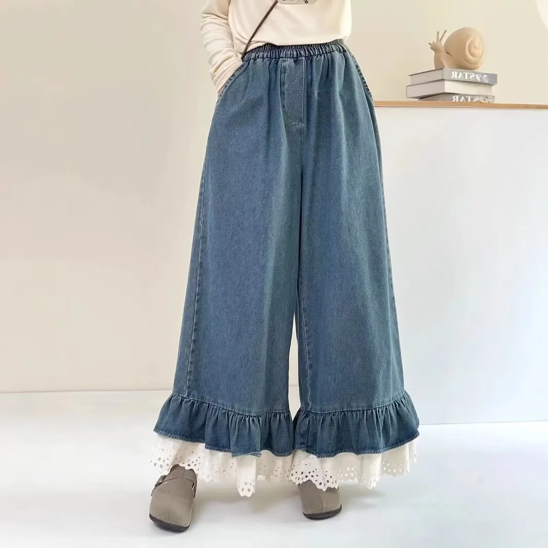 

Japanese Lace Patchwork Women Jeans Autumn Oversize Sweet Loose Ruffles Denim Pants Vintage Streetwear Female Wide Leg Trouser