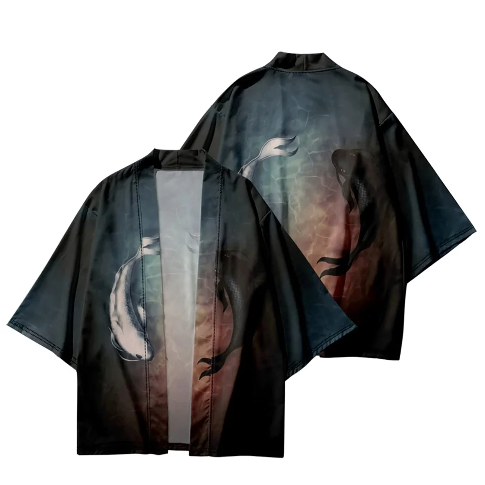 Japanese Kimono Men's Fashion Elegant Sunmoon Tonghui Print Traditional Short-sleeved Beach Shirt Women's Cardigan Casual Kimono