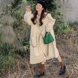Plus Size 5XL 140KG Autumn Winter Women Corduory Dress Long Sleeve High Waist Ladies Casual Oversized Warm Embroidery Dresses