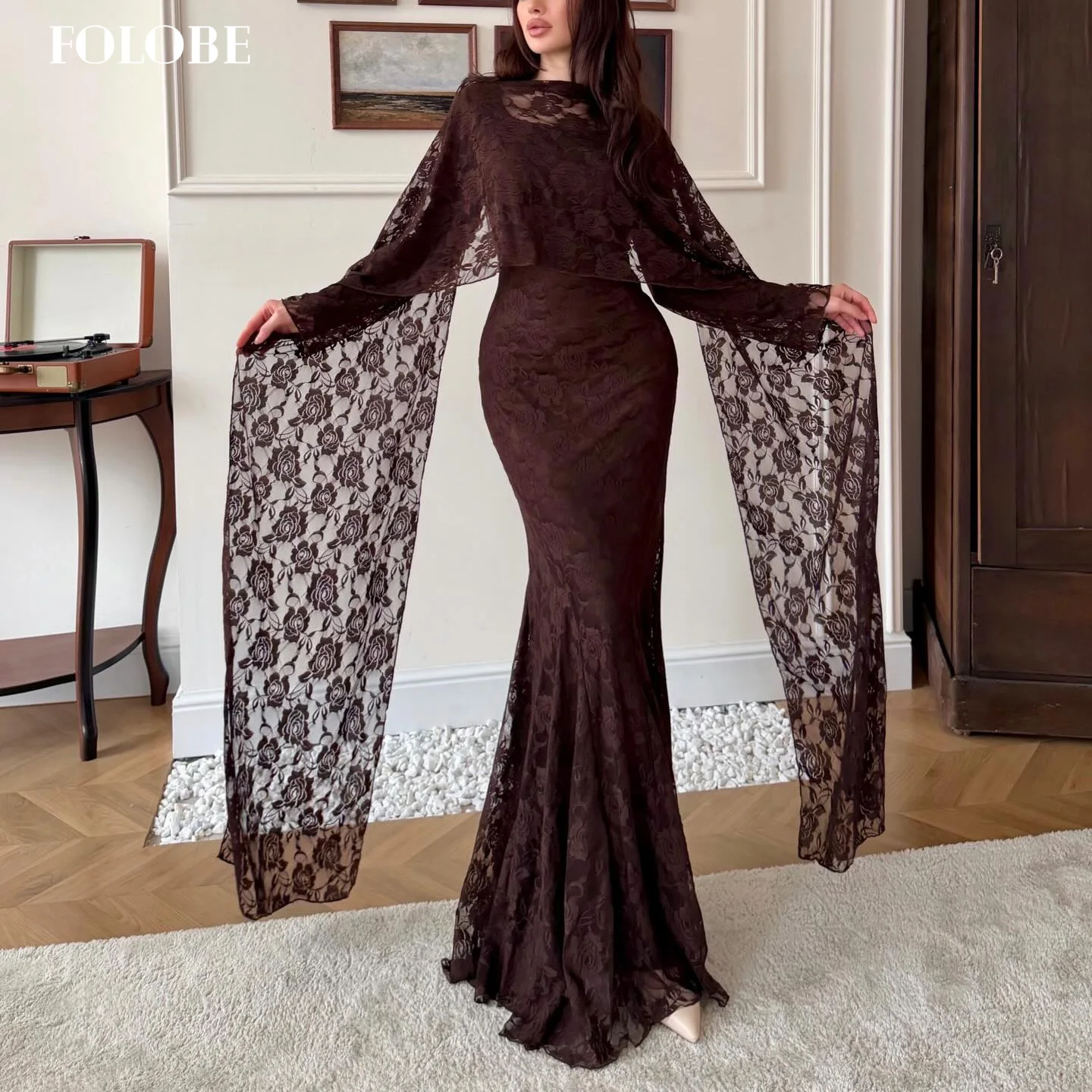 FOLOBE Elegant Square Neck Brown Lace Wedding Dress Full Sleeve Cape Mermaid Woman Wedding Dresses Customized