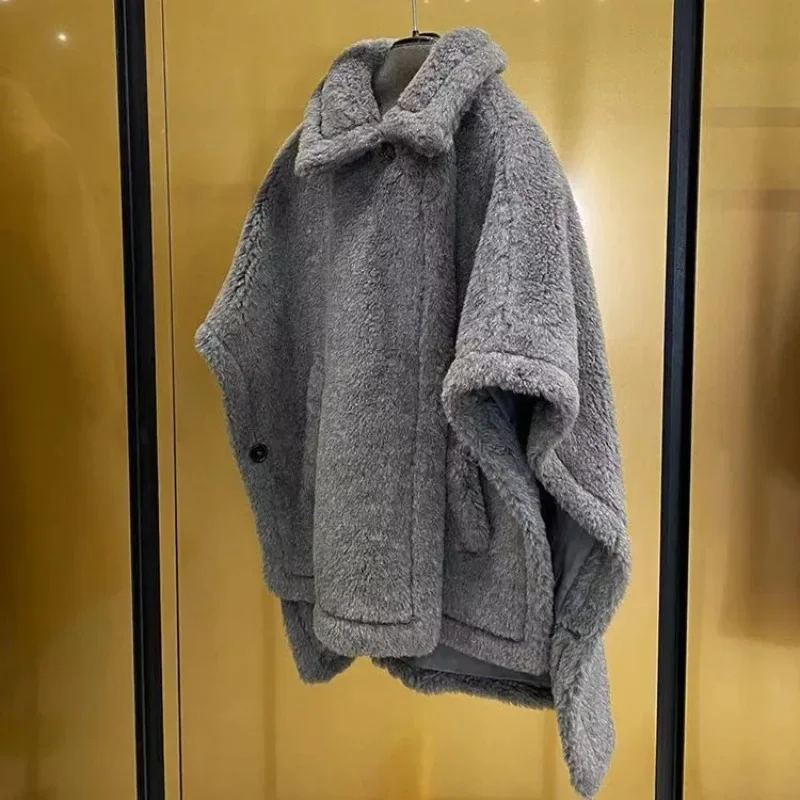 2025 abrigo de lana auténtica de invierno para mujer, Poncho de peluche a la moda, ropa de calle para mujer, capa de lana, abrigo grueso y cálido BL3696