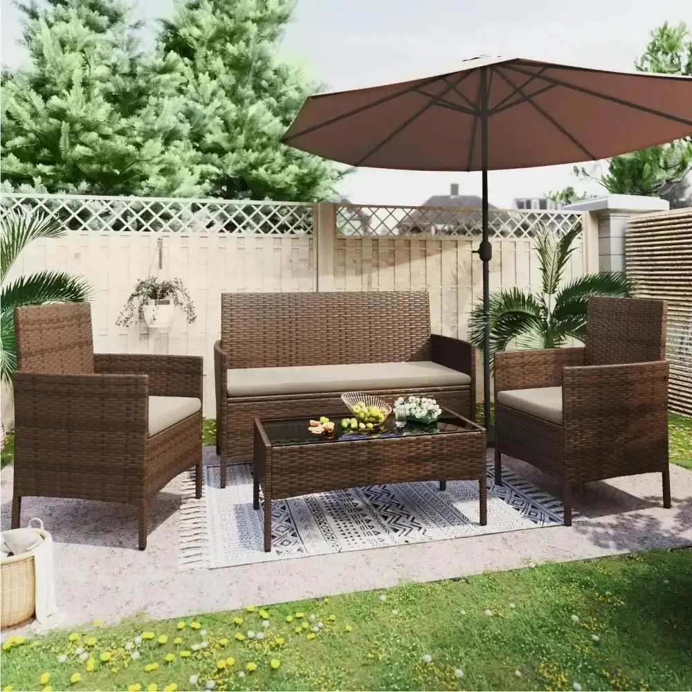 Outdoor Sofa Set of 4 with Soft Cushion and Glass Table, Patio Furniture 4 Pieces Conversation Set, Outdoor Wicker Rattan Chairs