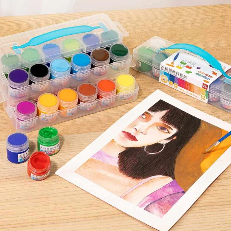 

12/24 Color 18ml Gouache Watercolor Paint Set for Art Students Portable Washable with A Built-in Brush Painting Supplies