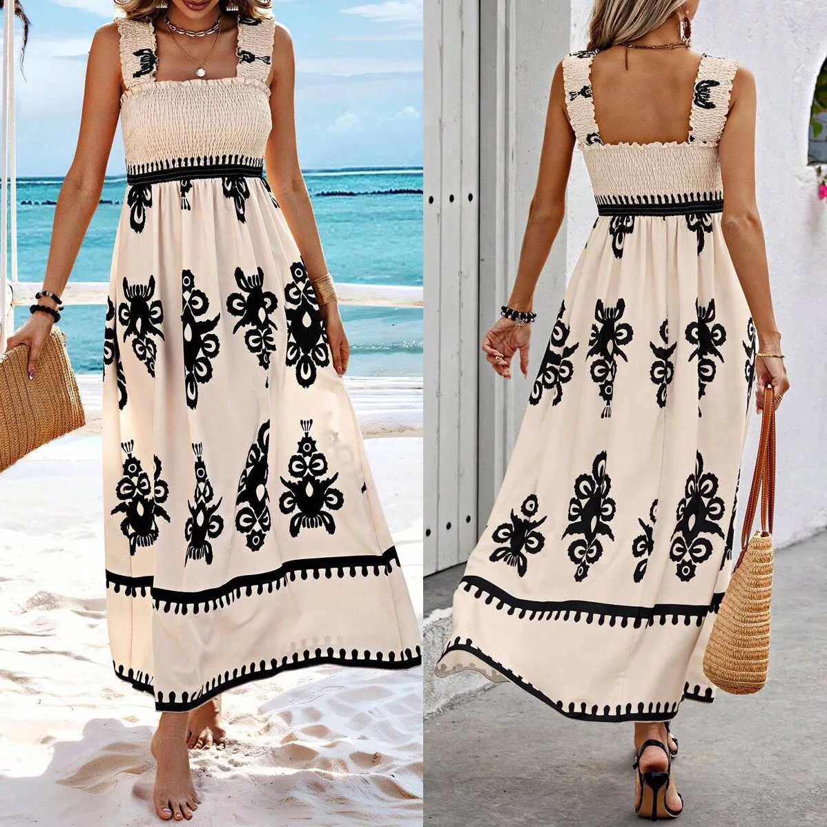 

2025 New Women's Summer Suspender Beach Dress Holiday Style Printed Chest Wrap Dress with Wooden Ears