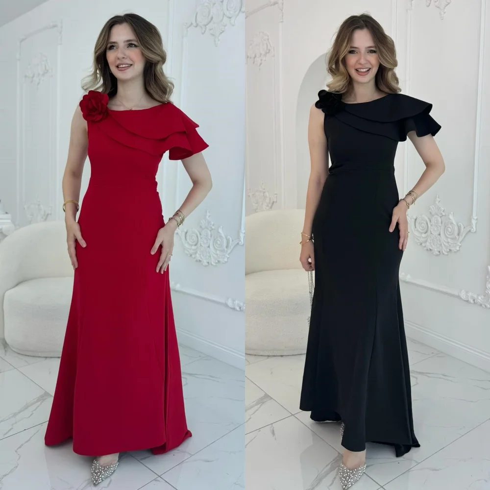 

Customized Sexy Fashion Jersey Handmade Flower Pleat Mermaid Scoop Neck Long Dresses Bespoke Occasion Dresses Chinese Style