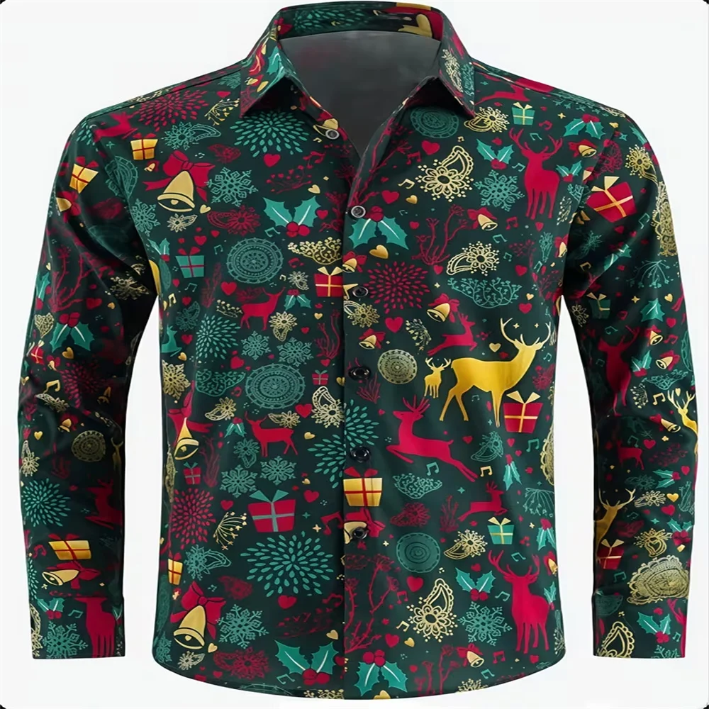 Men Christmas Santa Claus Print Long Sleeve Shirts Purple Snowflake Xmas Lapel Button Down Shirt Casual Holiday Party Dress Shir