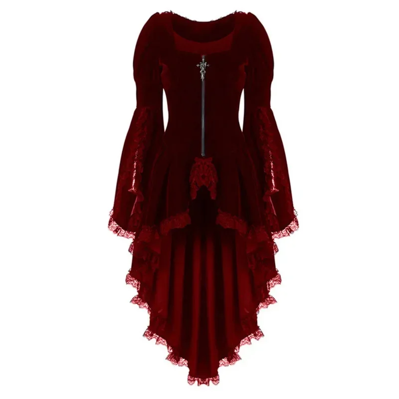 Women Gothic Long Sleeve Lace Stitching Velvet Tuxedo Jacket Medieval Aristocratic Ladies Vampire Dress Lolita Cosplay Costume D