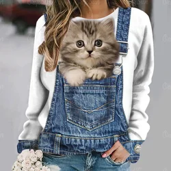 Autumn/Winter Cotton Women's T-shirts Cute Cat Print Casual Long Sleeves Tees Pullover Fashion Loose Daily Women Clothing Tops