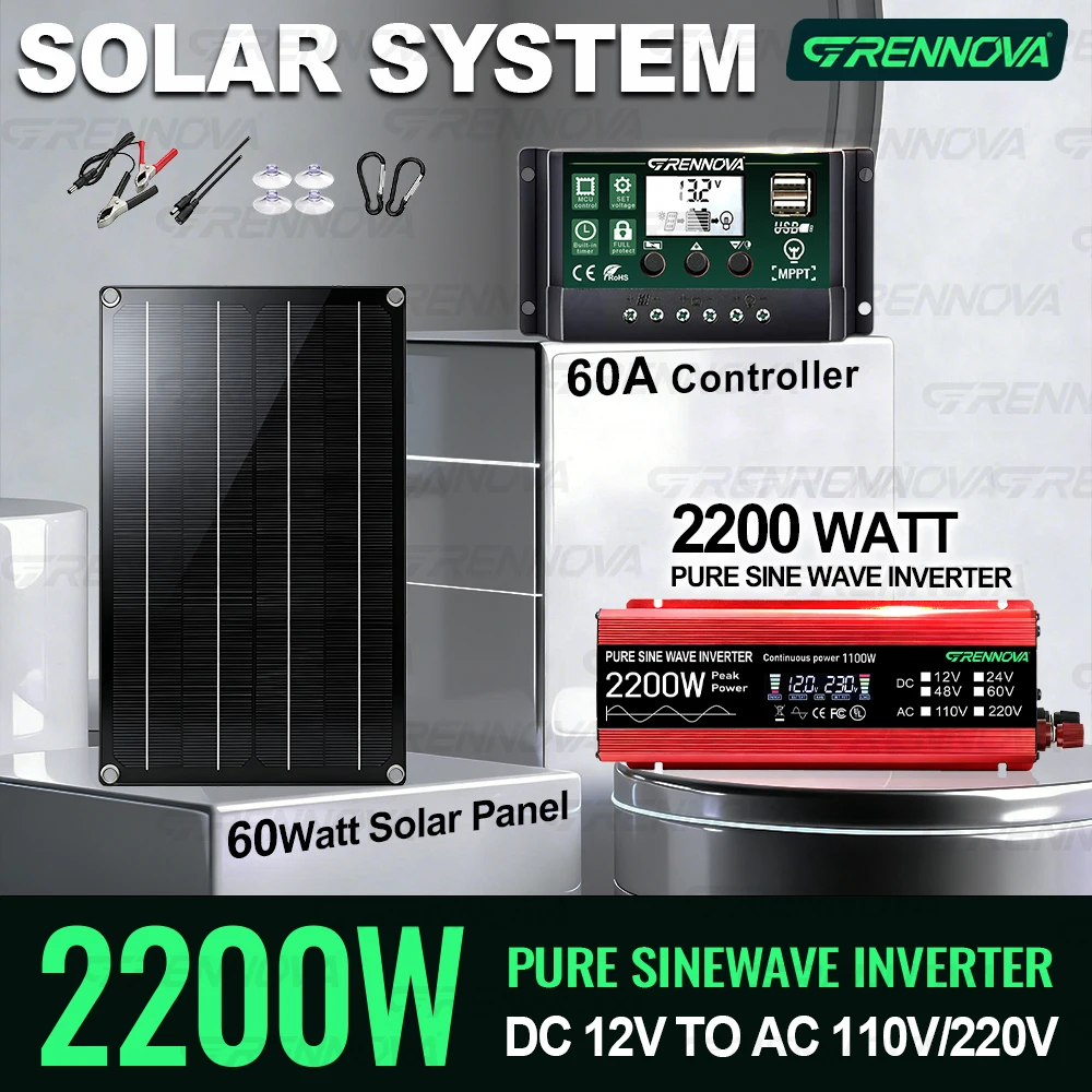 

Pure Sine Off-Grid Solar Kit 60W Panel 60A MPPT Controller Inverter (Peak 2200W / Continuous 1100W) Lights TVs Small Appliances