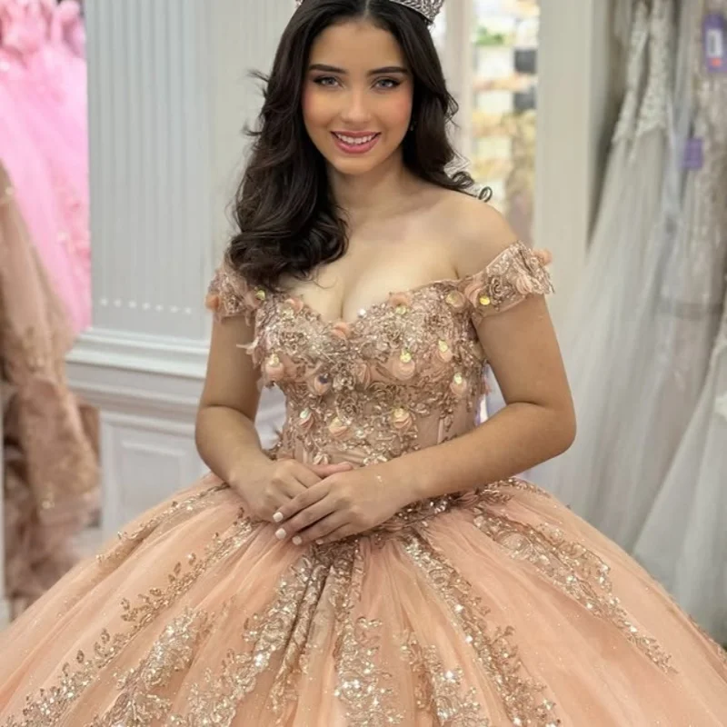 

Customized Shiny champagne Quinceanera Dresses Off the Shoulder sequin applique Lace 3D flower Long tail Vestido 15 Quinceanera
