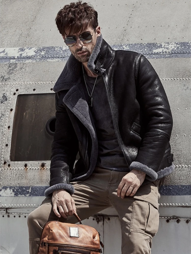 

New fashion 2025 men's winter coat leather natural sheepskin sheared wool coat short fashion casual