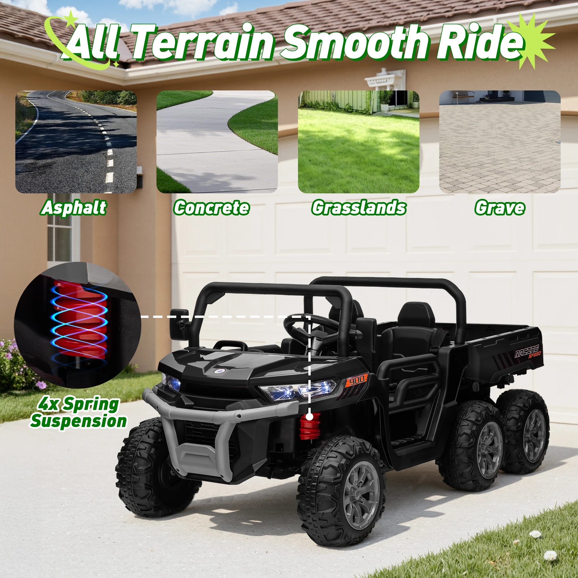 Passeio de brinquedos 24V, carro UTV de 2 lugares e 6 rodas, caminhão basculante 4WD para crianças grandes com controle remoto de reboque