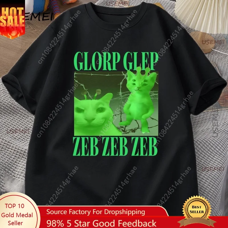 

Green Alien Cat T Shirt Men Women Cat Meme Tee Silly Cute T-Shirt Cotton Short Sleeve Casual Round Neck Tshirt Streetwear
