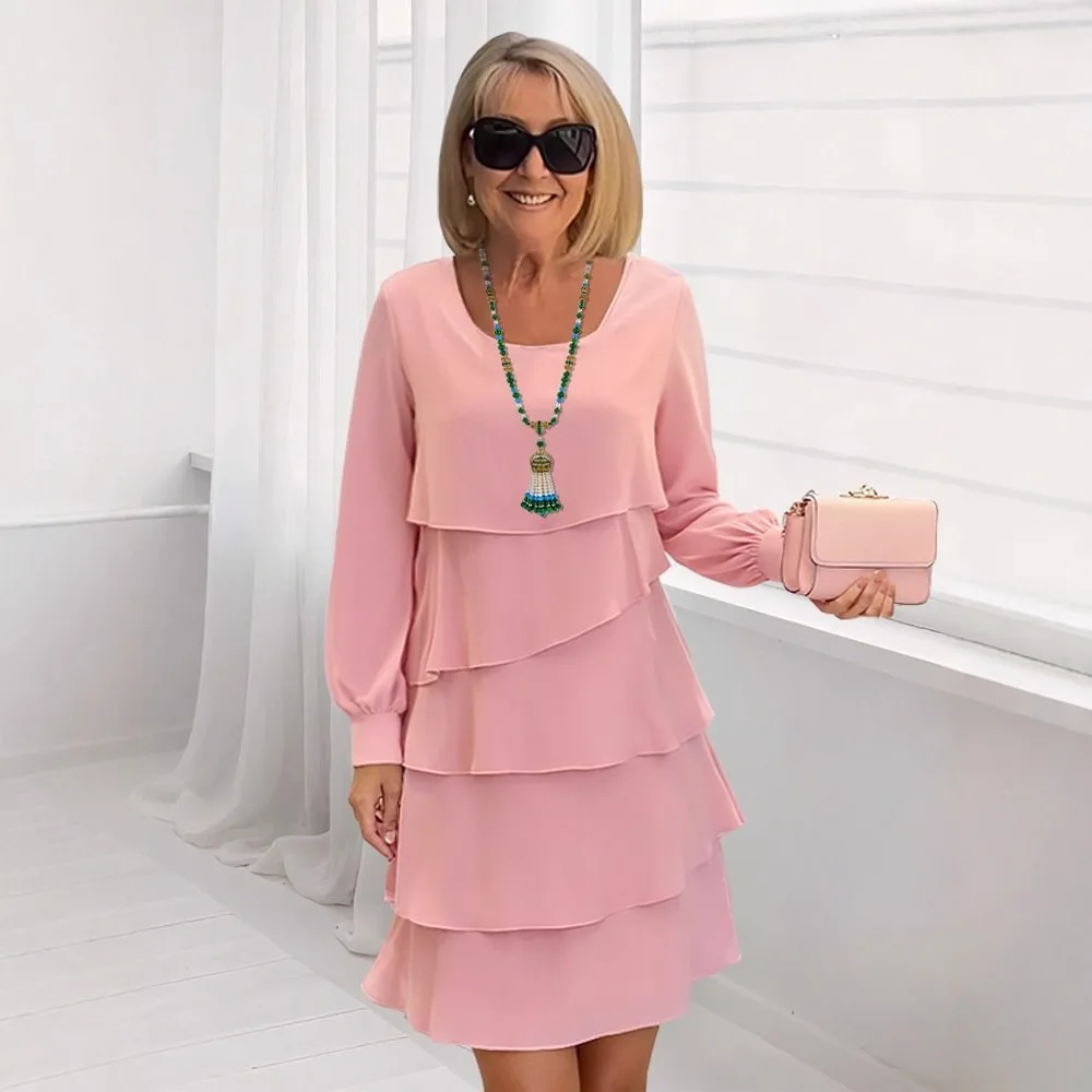 

BluWin Fashion Ruffled Long-sleeve Dress Solid Color Women 2025 Summer Casual Loose Round Neck Dresses Elegant