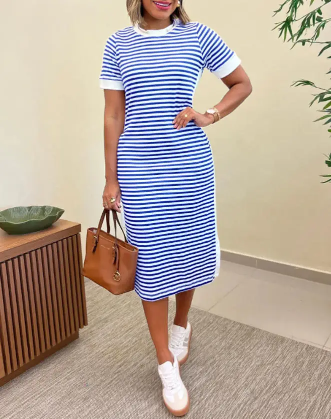 Women's Dress 2026 Spring Summer New Striped Colorblock Midi T-Shirt Dress Casual Crew Neck Waist-Cinching Slit Dress