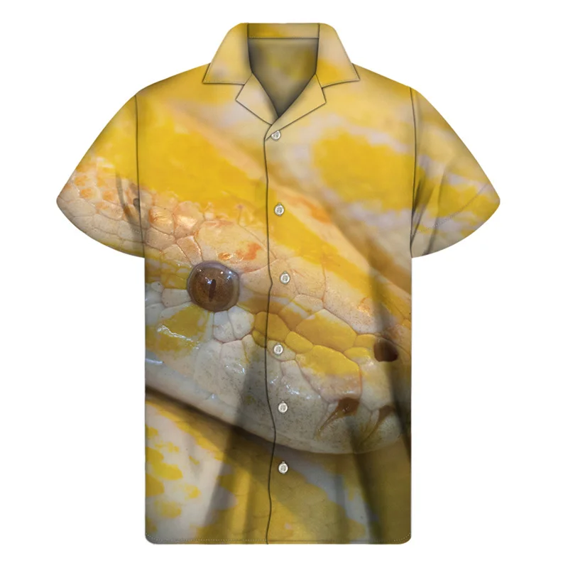 Bright Coloured Snake 3D Print Hawaiian Shirts Men Summer Animal Pattern Lapel Button Shirt Loose Short Sleeves Tops Blouse