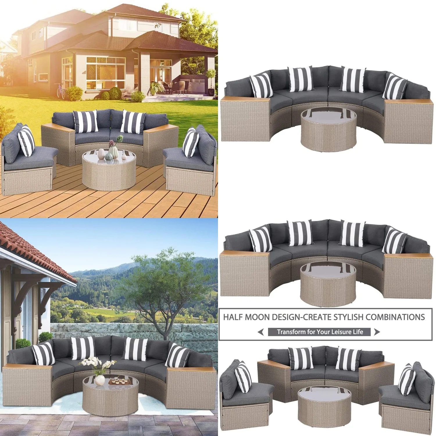 

Half Moon Patio Sofa 5-Piece Curved All-Weather Sectional Conversation Set Round Tempered Glass Table Grey Cushions, Customized