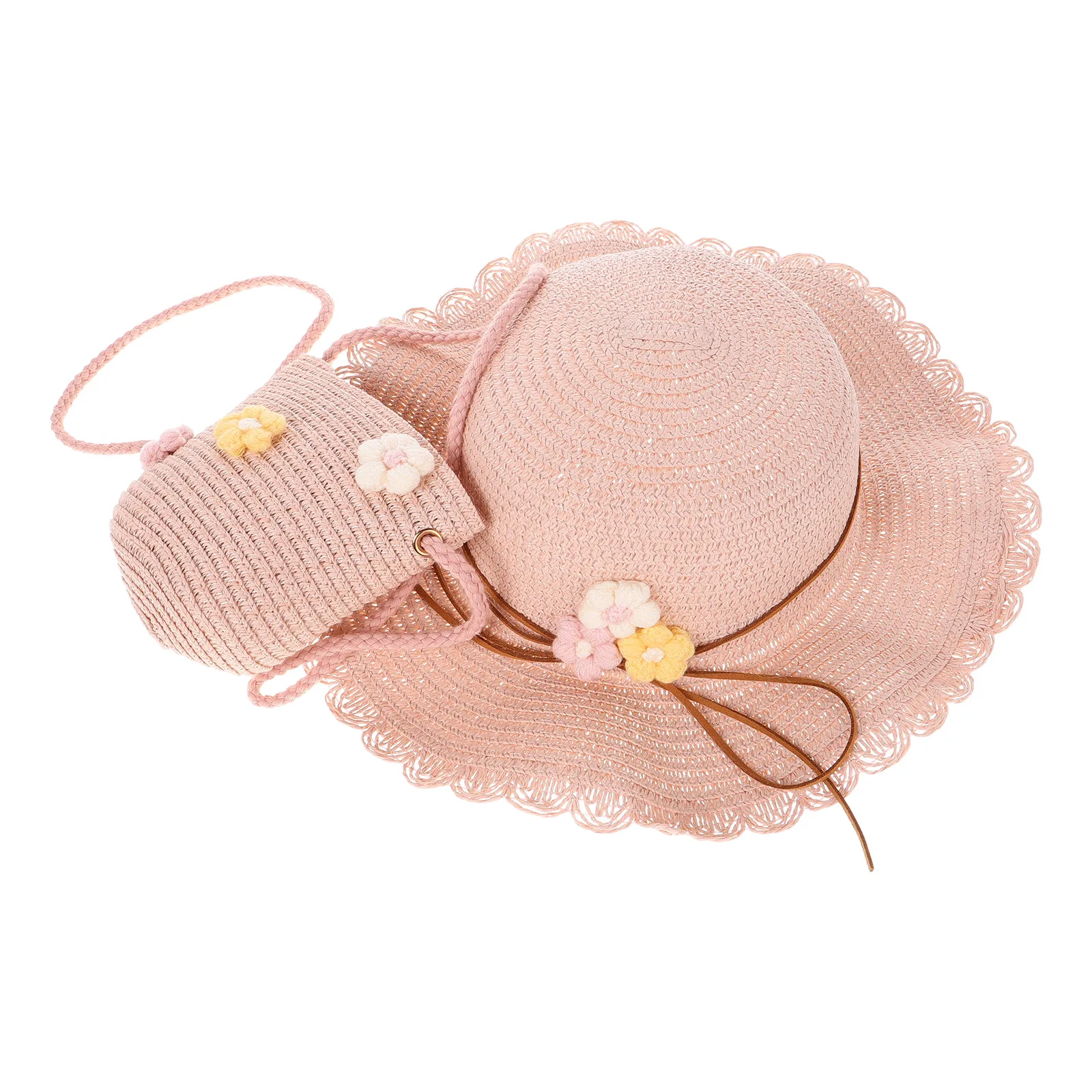 

2pcs Kids Sun Beach Hat Straw Fedora Bucket Parent-child Matching Set Girls Summer Vacation Hat Bag Toddler Purse Foldable