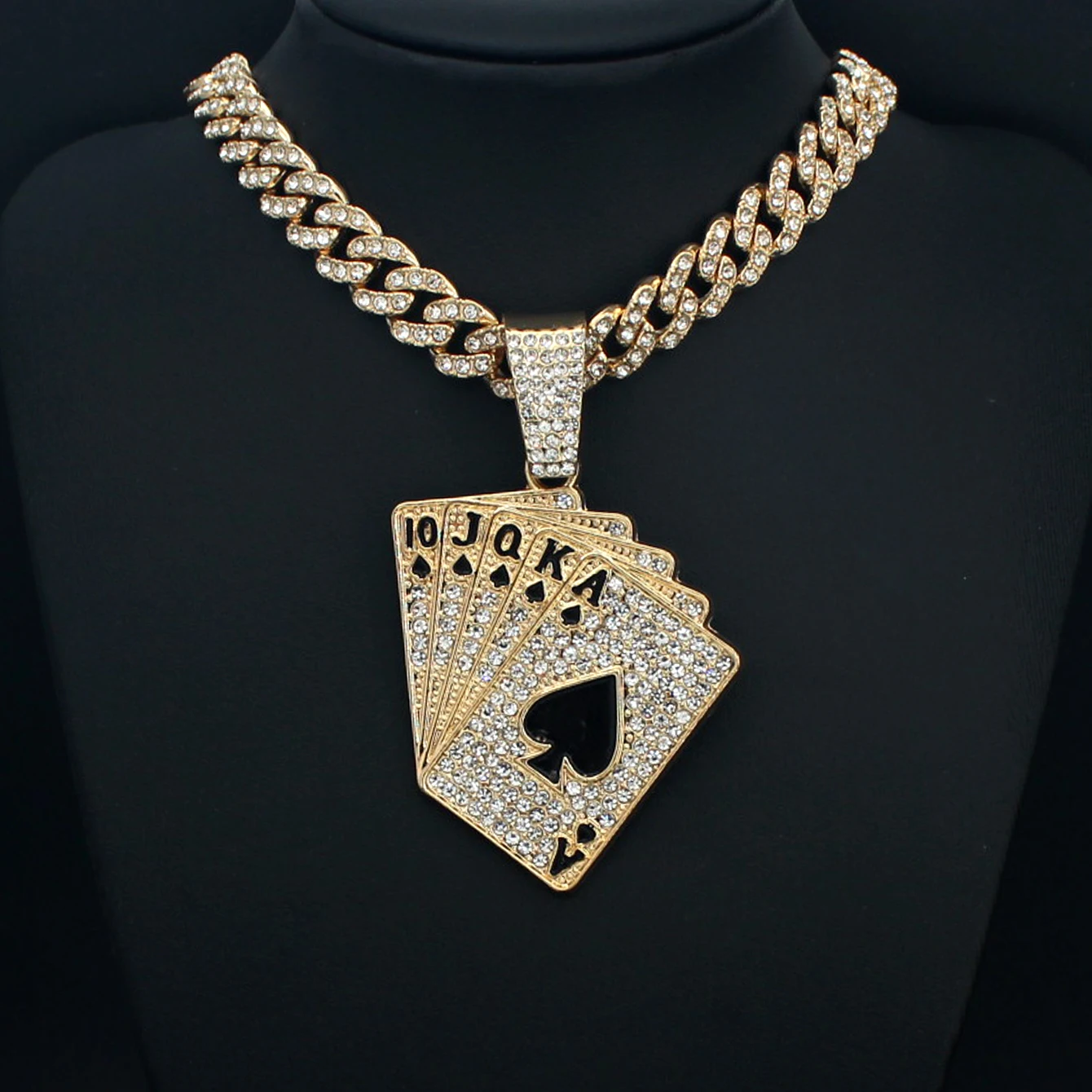 Men Women Hip Hop Playing Card Poker Pendant Necklace Crystal Cuban Chain HipHop Iced Out Bling Necklaces Fashion Charm Jewelry view 3