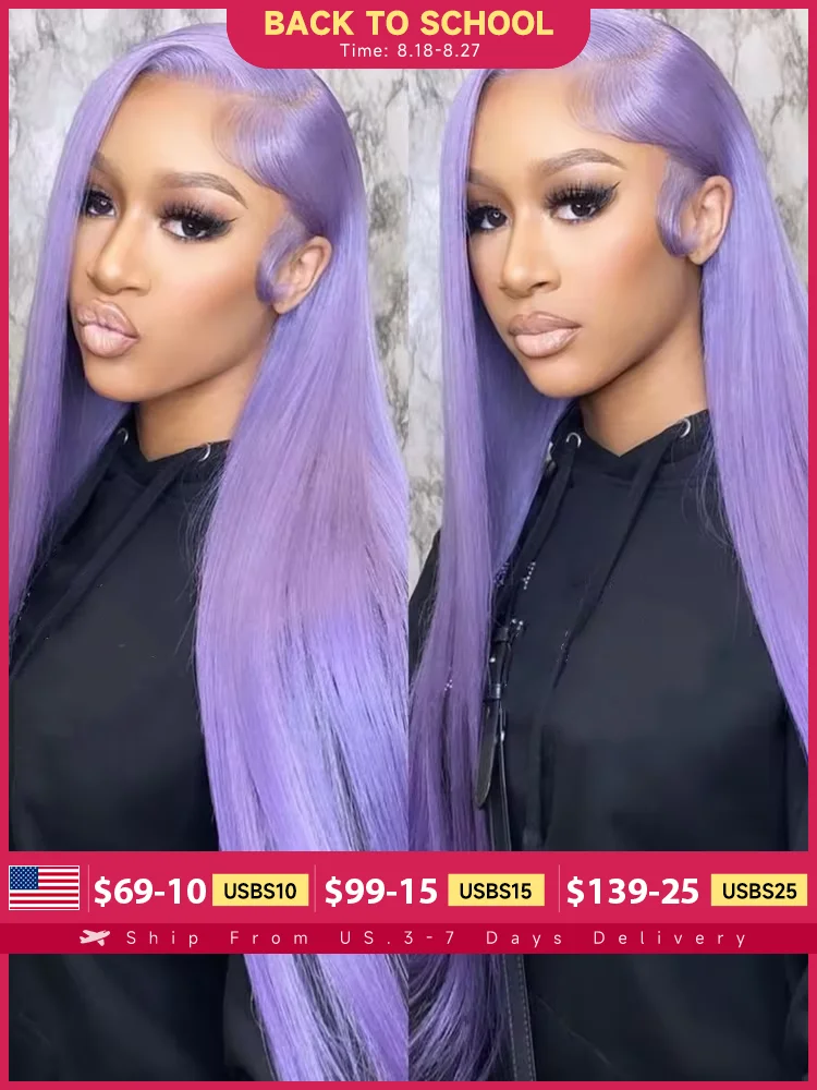 13x6 Purple Lace Front Human Hair Wig Brazilian 613 Blonde Lace Frontal Wig Pre Plucked Long Straight Lavender Colored Lace Wigs