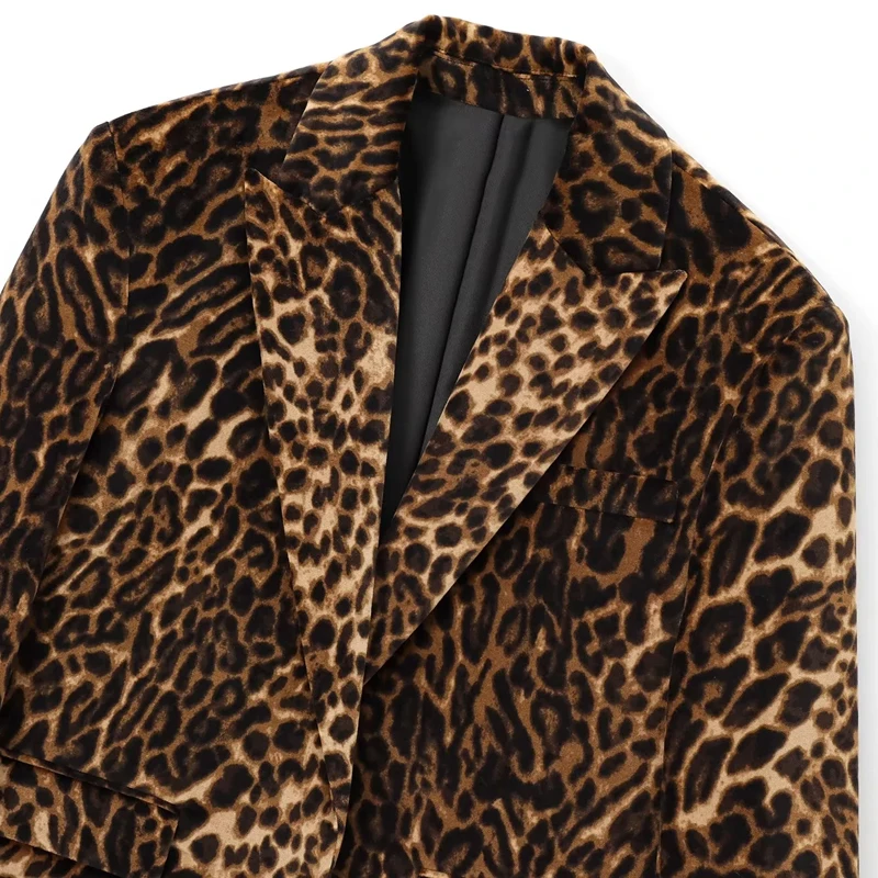 TRAF Womens Blazer Leopard Cropped Women's Blazers Vintage Autumn Animal Print Fitted Jacket Velvet Long Sleeve Casual Blazer