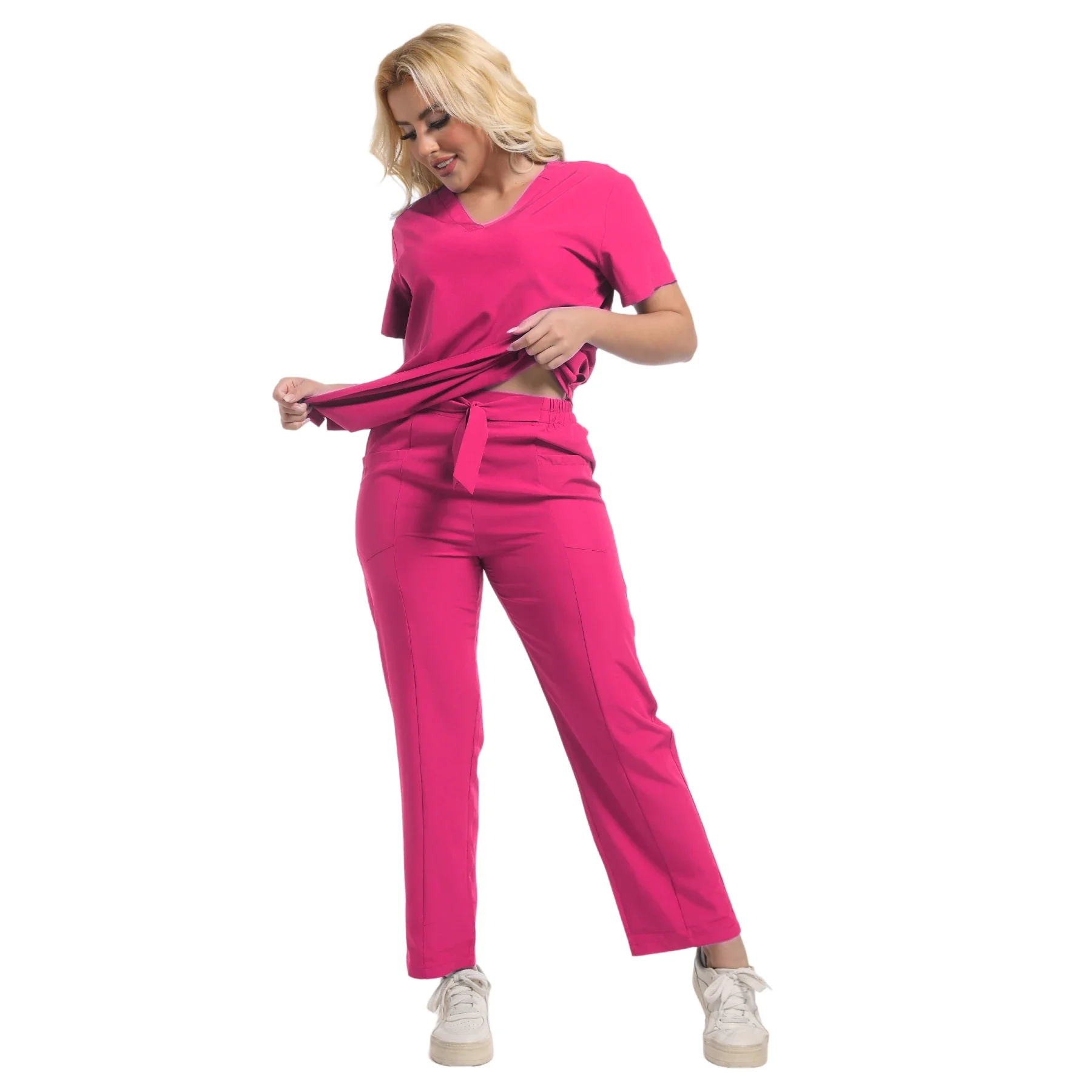 Uniforme de belleza para mujer, traje de manga corta con cuello en V, Tops, pantalones, uniforme de enfermera, ropa de enfermería Multicolor, ropa de trabajo médica para médico