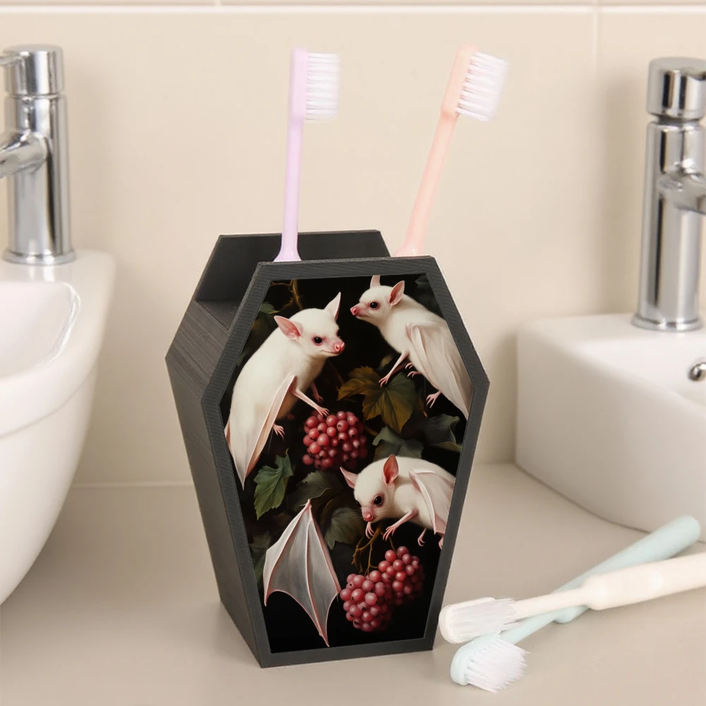 Cross-border Gothic Coffin Shaped Toothbrush Holder With White Bats And Grapes Print, Multi-grid Bathroom Vanity Toothpaste Toot