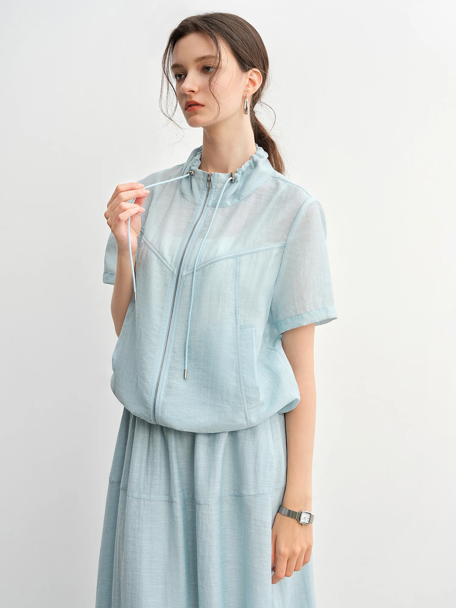 ​DUSHU Summer 2025 Textured Set - Adjustable Tie Collar Zip Top & Flowy Skirt Resort to Office Elegant Silhouette​