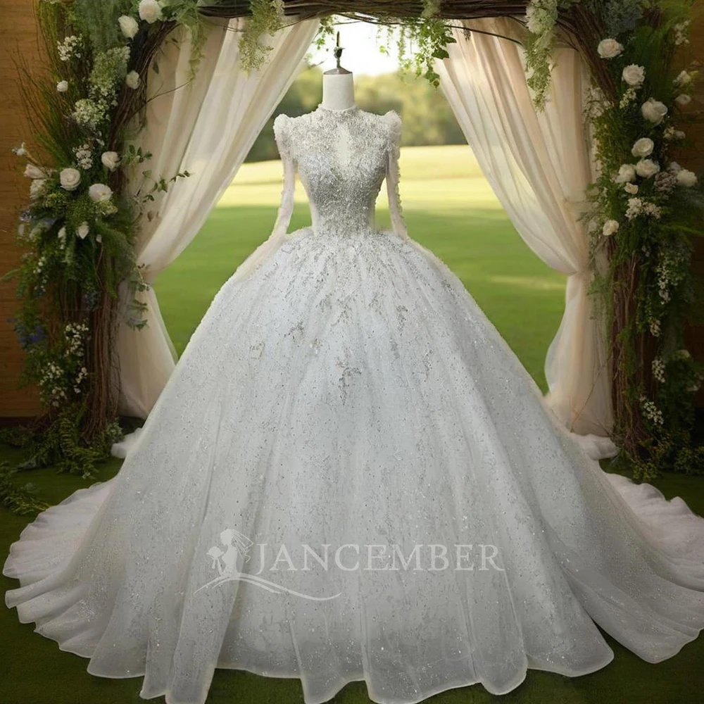 

Luxury Lace Wedding Dresses Organza Ball Gowns Backless Long Sleeve Formal Beaded Bride Beach Party Vestido De Novia DW0001