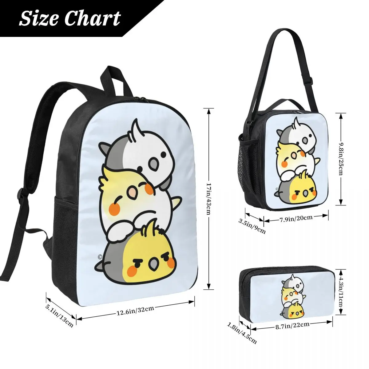 Pet Birds Cute Cockatiel Budgie Parrot Backpack BookBag School Bag Laptop Shoulder Bags 3ps Insulated Lunch Bag Pencil Case