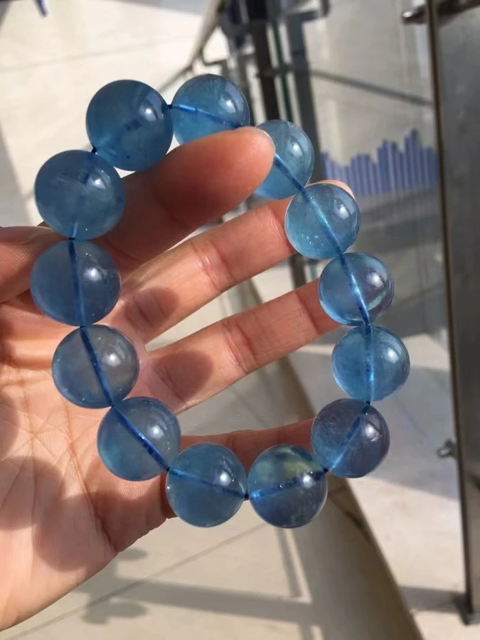 Natural Blue Aquamarine Clear Round Beads Bracelet 17mm Jewelry Big Women Men Brazil Stretch Blue Aquamarine Jewelry AAAAAA