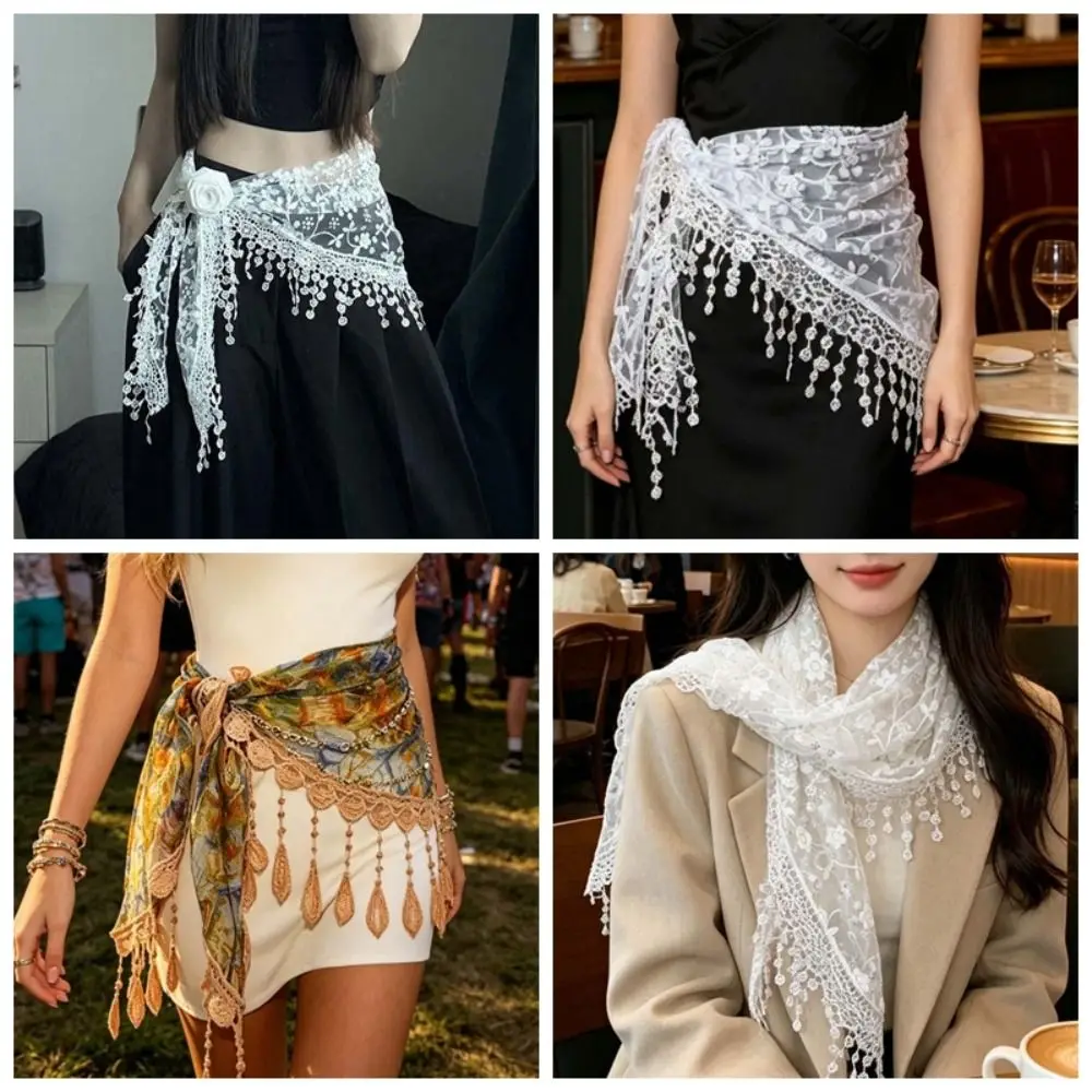 Floral Patterns Fringe Waist Belt Asymmetric Shape Mesh Texture Chic Tassel Wrap Tie Closure Flowy Fringe