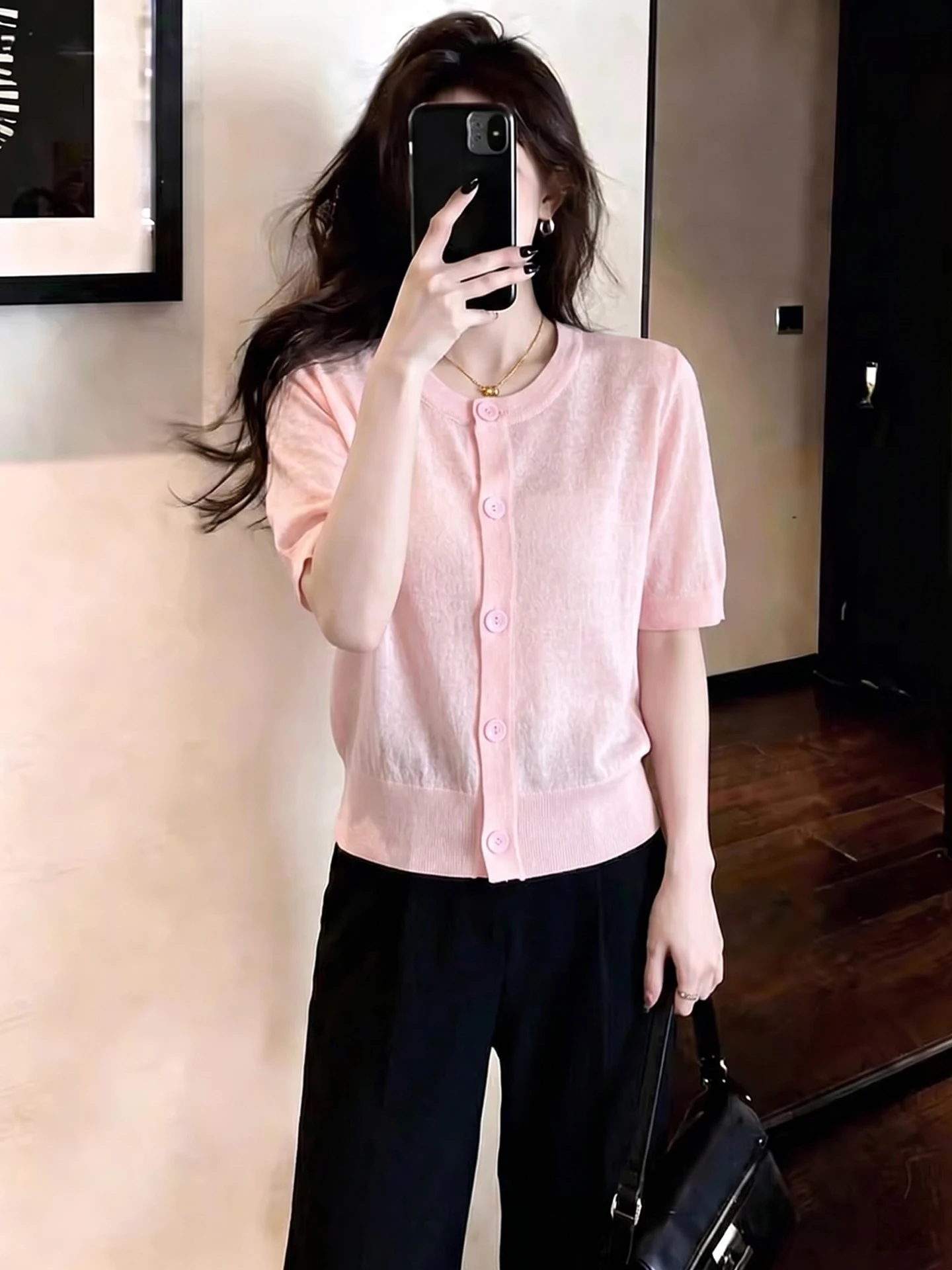 

Soft Skin-Friendly Knitted Top Short Sleeve Single Button Gentle Style Versatile Summer Fashion Korean Straight Cut Inner Wear