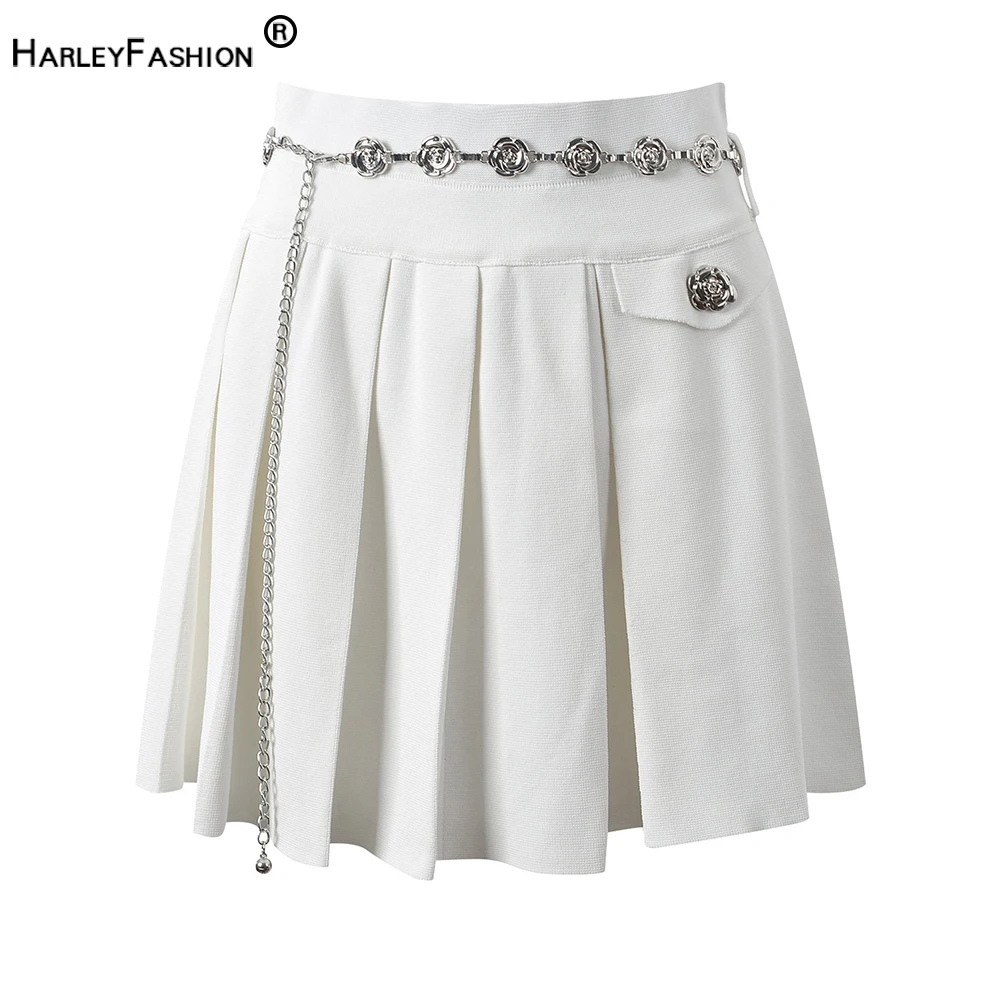 Amazing Designing All-matched Pleated A-line Women Black & White Knitted Mini Skirt with Chain Belt