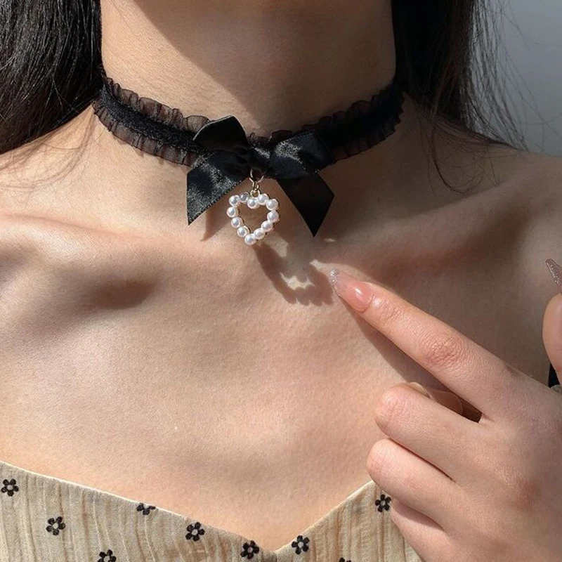 Black White Cute Collar Lolitas Handmade Vintage Lace Heart Choker For Women Gothic Bow Knot Necklace Girls Uniform Accessorie