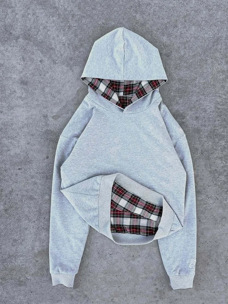 Herbstlicher, ästhetischer GRUGE-Kapuzenpullover mit Gitterfutter und Y2K-Streetstyle, lässiger Alltags-Hoodie für Damen und Herren – Detail 9